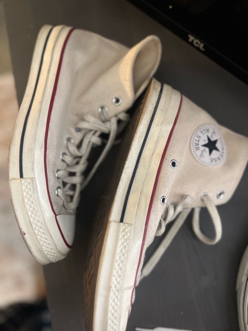 Converse High Top Sneakers - Beige with Red & Black Stripes